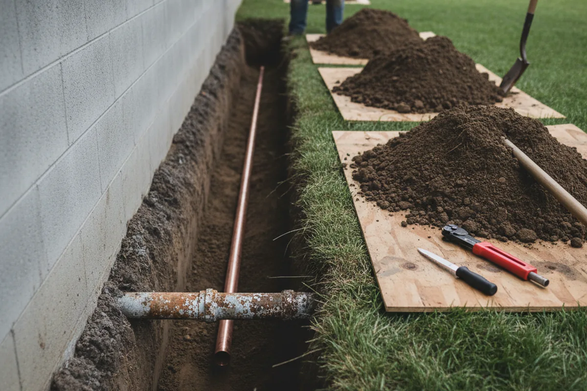 Excavated water line trench during Sewer Line Repair in South Fork